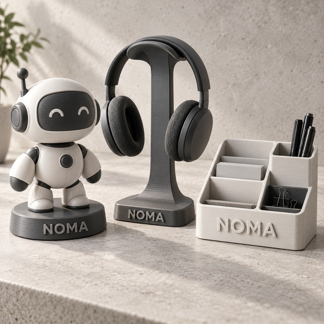 Marca ficticia NOMA en relieve sobre una figura de robot, un soporte y un organizador